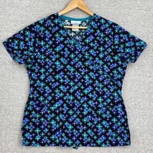 SB Scrubs Top Womens Small Black Blue Floral Short Sleeve Healthcare Nursing